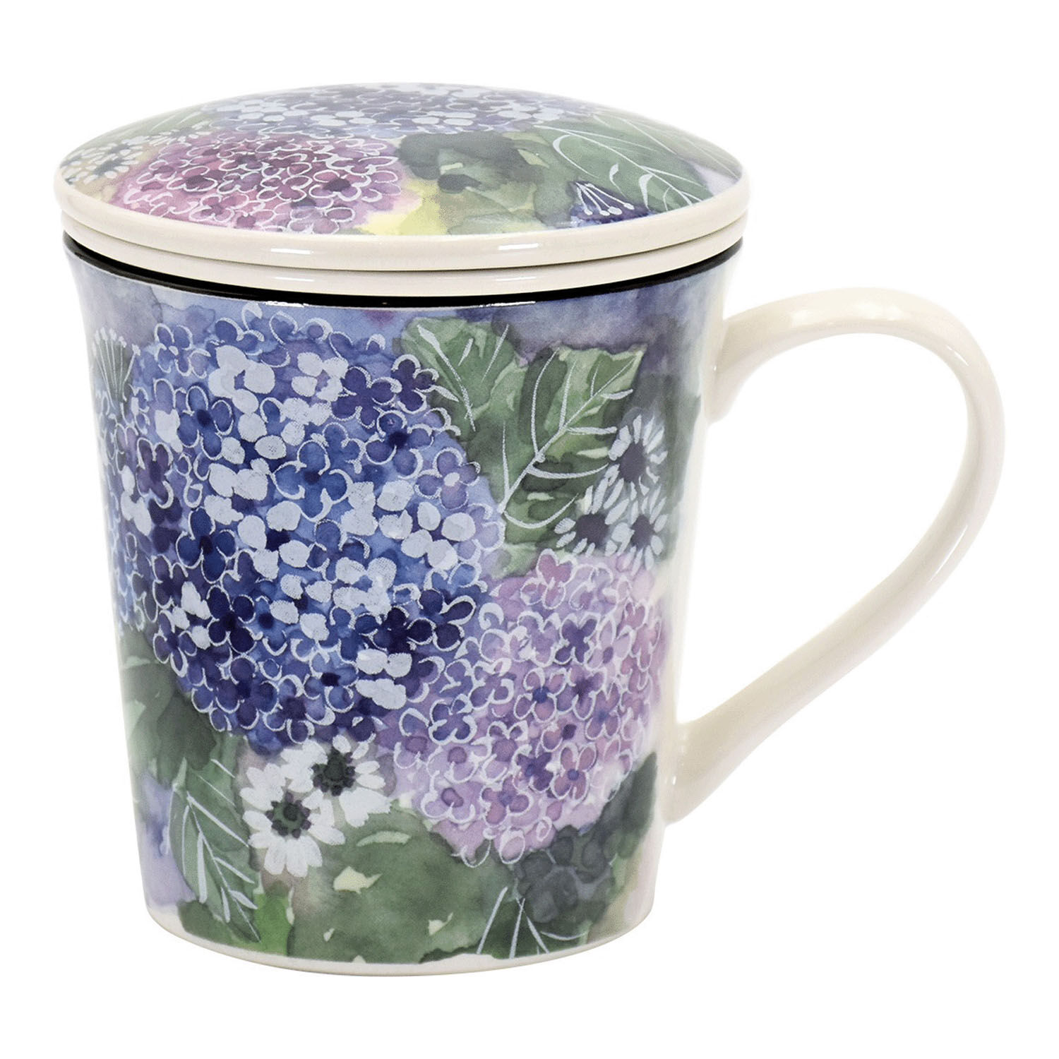 美濃燒附濾茶器蓋杯 繡球花款 300cc 一人份泡茶馬克杯｜花あわせ 蓋つきマグカップ（茶漉し付） アジサイ