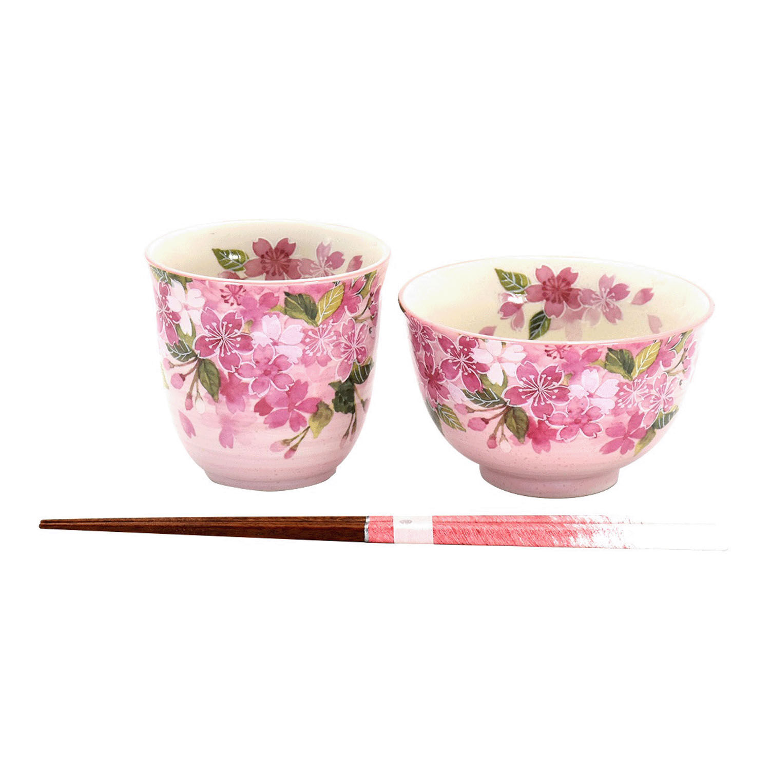 日本製櫻花飯碗湯杯筷子禮盒 美濃燒×若狹塗筷 一人份|花あわせ 飯碗湯呑 サクラ(若狭塗箸付)