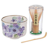 藍色花卉抹茶碗套組 花工房 美濃燒 附茶筅茶杓 日本製｜抹茶セット 花工房 ブルー