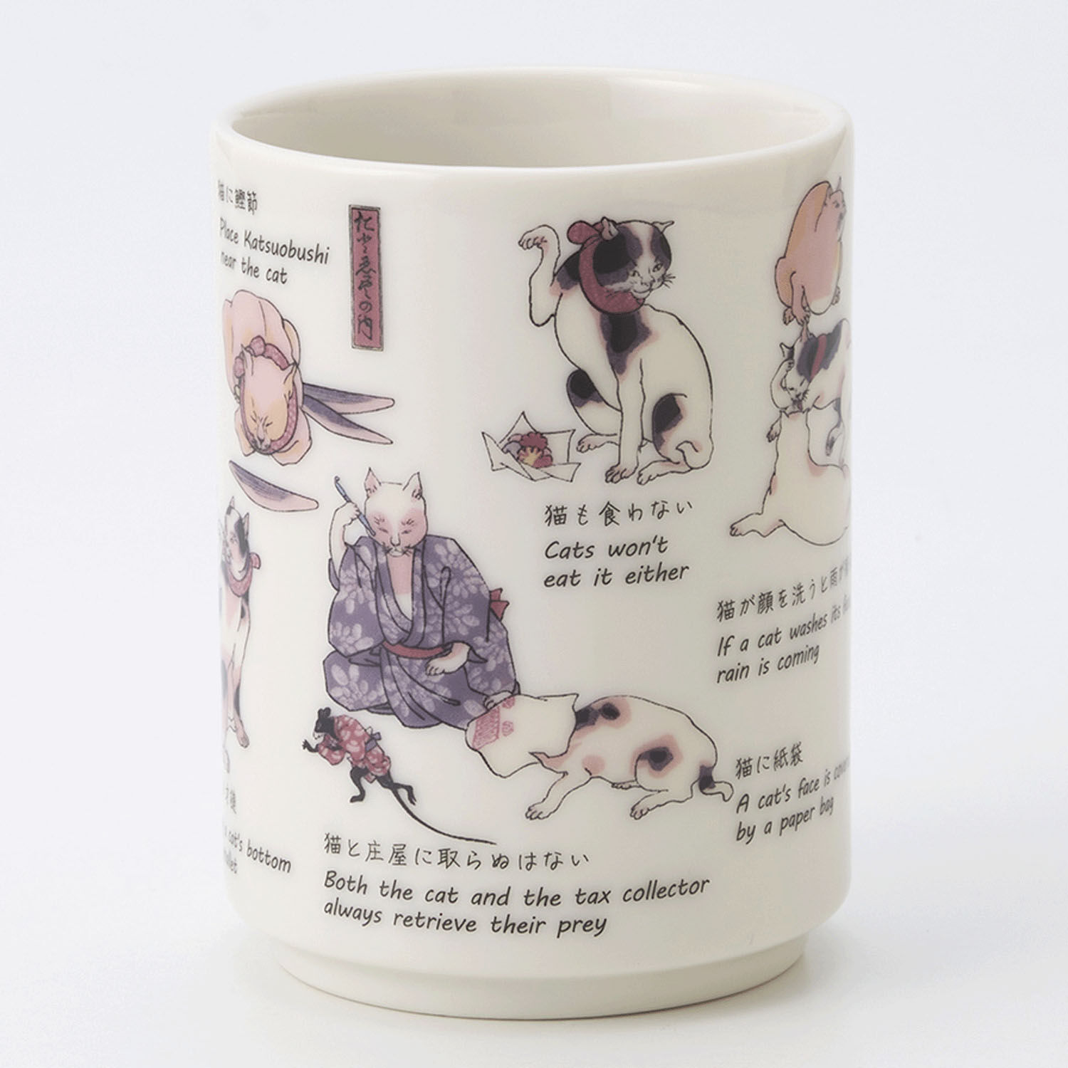 江戶貓浮世繪湯杯 國芳貓咪諺語圖 300ml 瓷器｜江戸猫 湯呑 たとえ尽の内