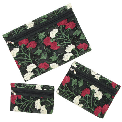 玫瑰刺繡網紗收納包 3入組 大中小 32×23cm 5色｜メッシュ3点ポーチ バラ刺繍柄