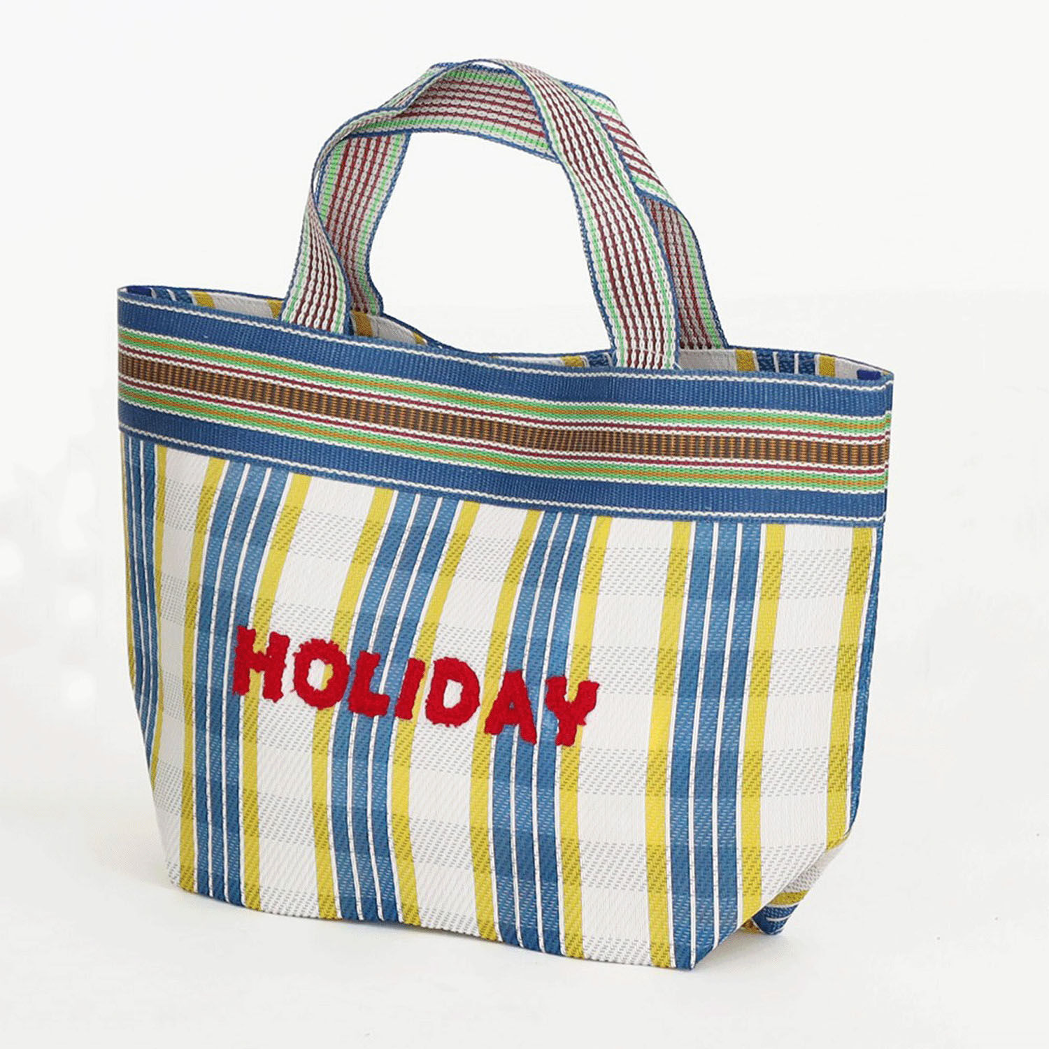彩色條紋網眼托特包 HOLIDAY刺繡 磁扣 側寬12cm 3色｜ストライプメッシュトートバッグ