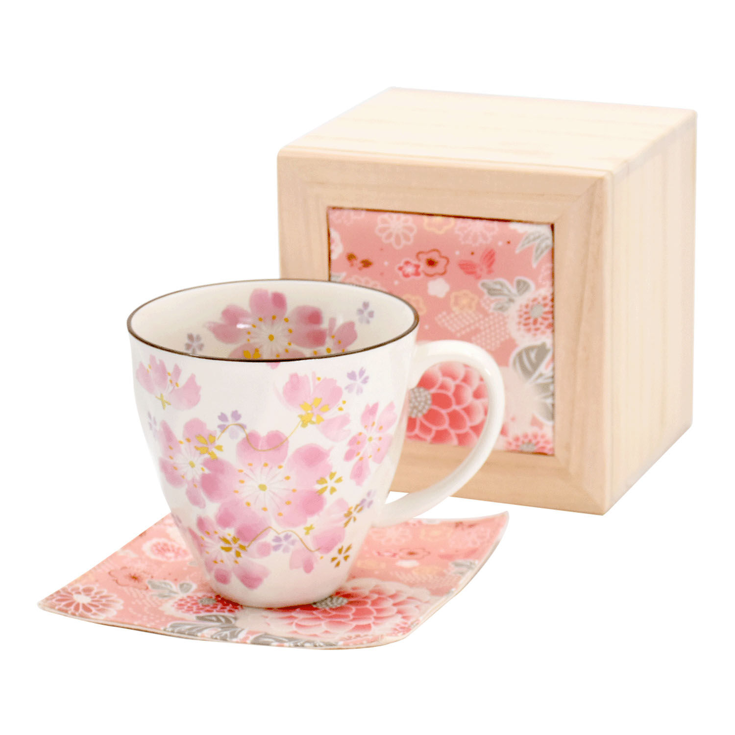 美濃燒 櫻花馬克杯+杯墊 木盒禮盒 華まつり 一人用|花ことば ちりめん木箱入 マグカップ 華まつり 桜