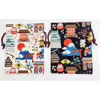 日本名勝平面束口袋 棉100% 18.5×24cm 日本製 白／黑｜平巾着 日本名所柄