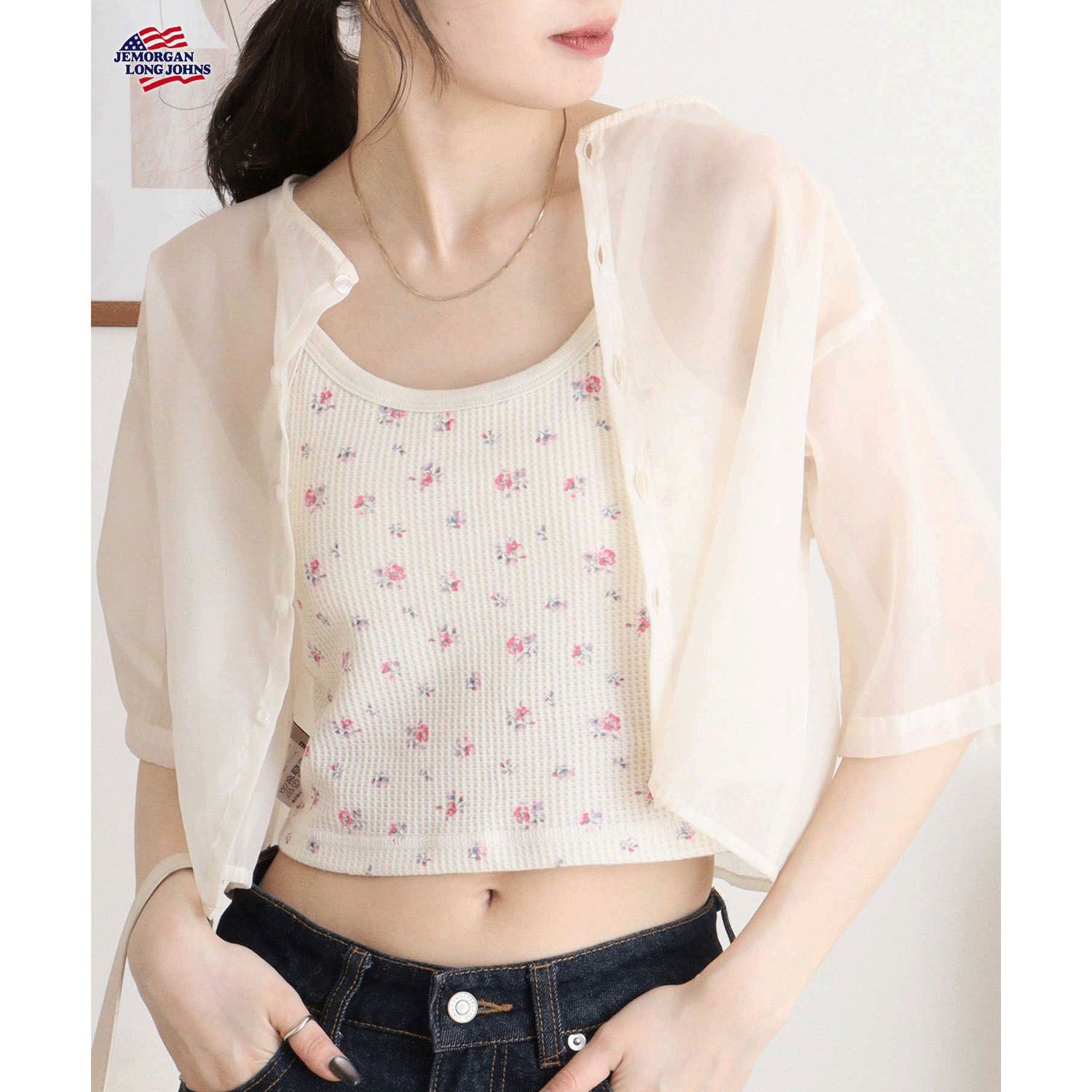 JEMORGAN 花卉印花附杯墊短版吊帶衫 華夫格素材 FREE SIZE