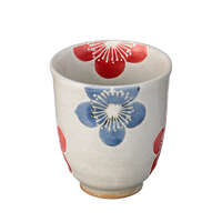 粉引梅花紋 陶器飯碗・湯杯 波佐見燒 藍紅對組 日本製｜粉引梅飯碗湯呑