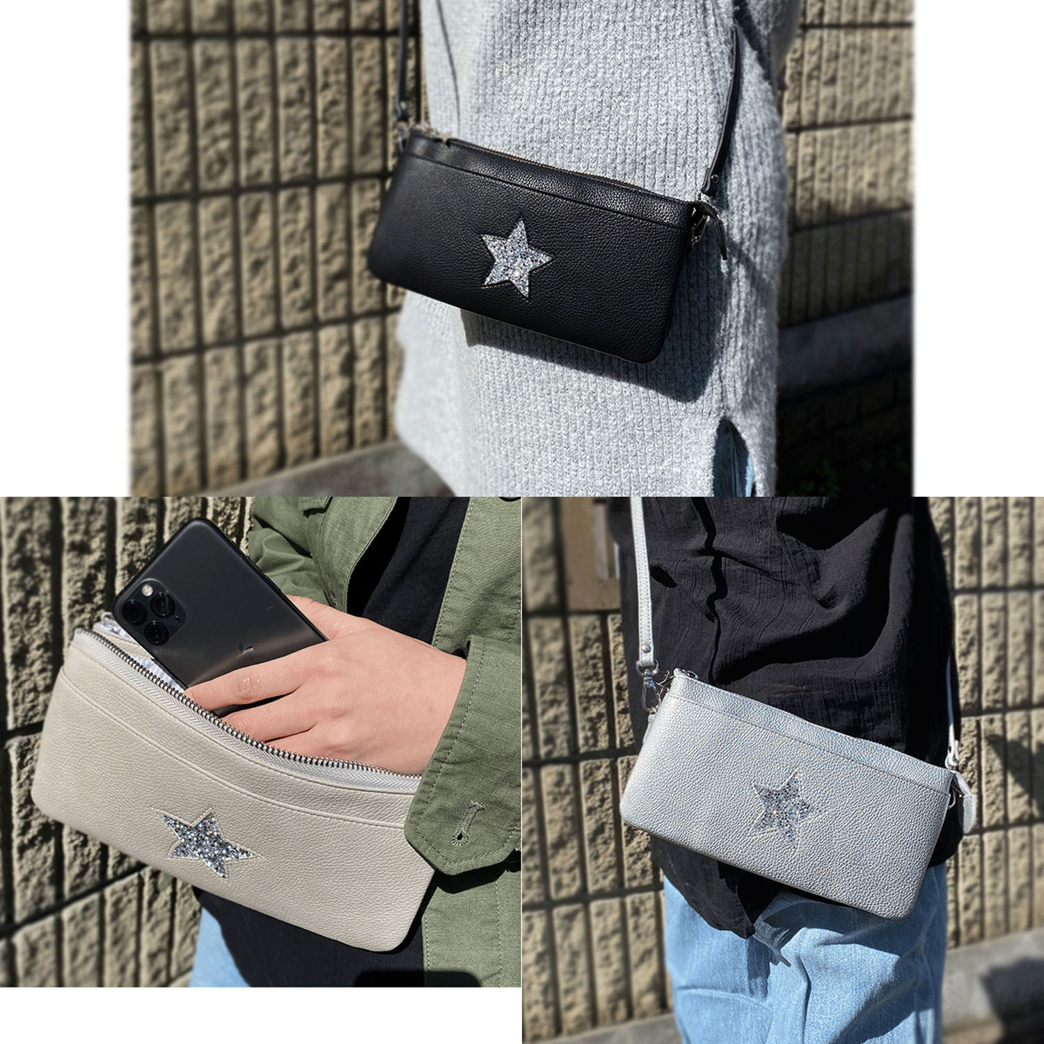 星星飾鑽 錢包肩背小包 19卡位 三室構造 12×23cm｜スタージュリーウォレットバッグ