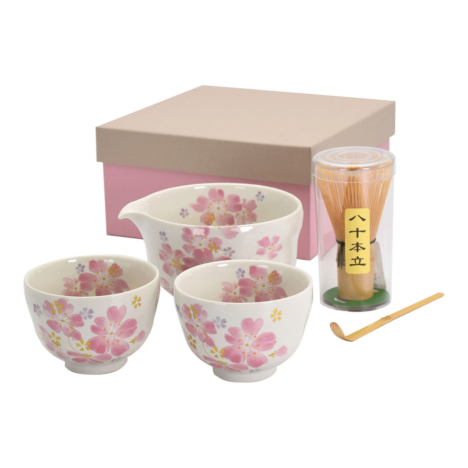 片口抹茶碗組 華祭款 季節花卉彩繪 附茶筅茶匙 盒裝|片口抹茶セット 華まつり