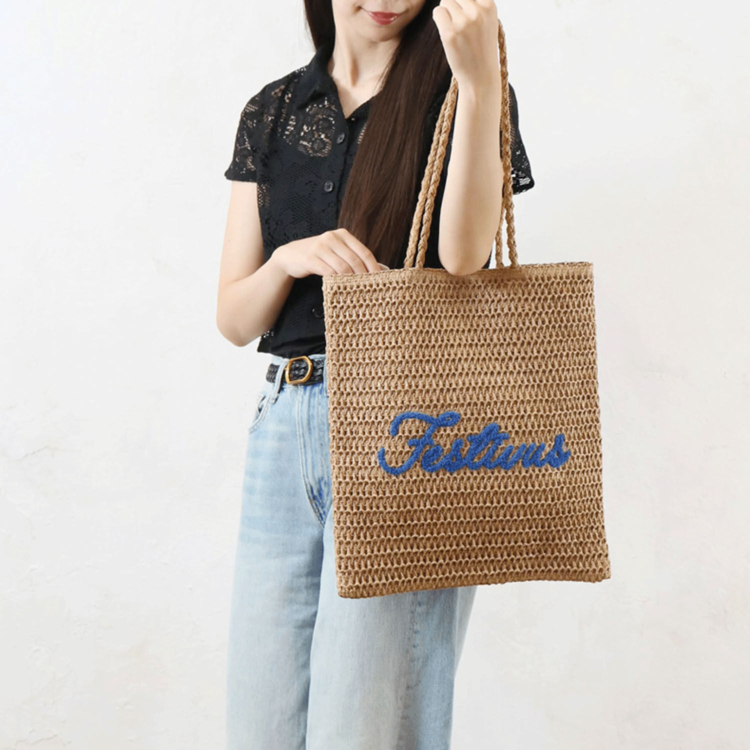 天鵝絨刺繡混合材料扁平托特包｜日系包款・日本直送