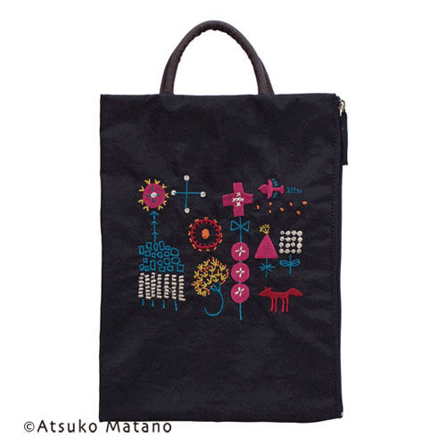 小森林刺繡 直式扁收納包 拉鍊 黑色【ATSUKO MATANO】|ATSUKO MATANO 刺繍フラットポーチ小さな森(ブラック)
