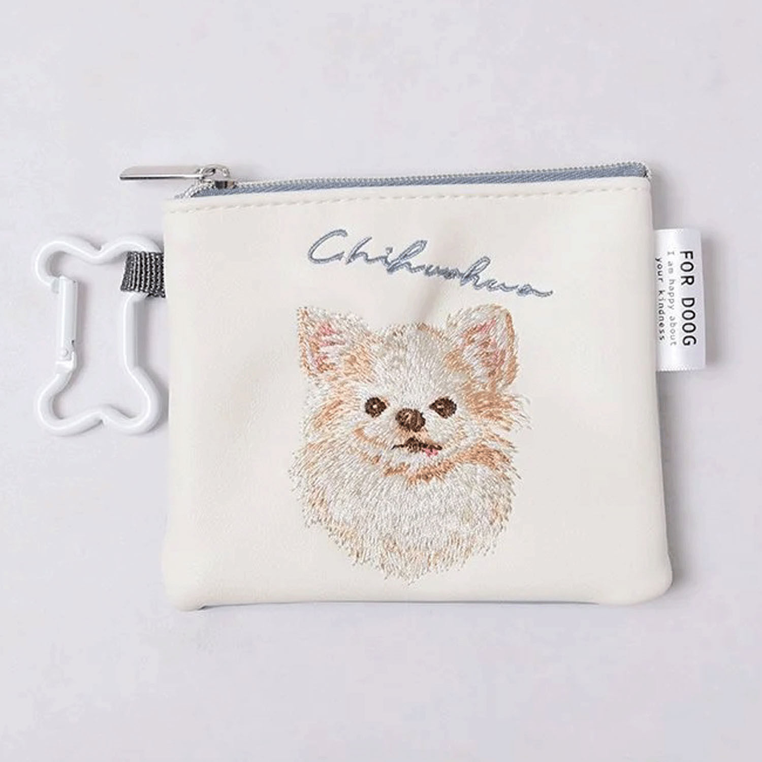 狗狗刺繡迷你扁收納包 骨頭登山扣 合成皮 12×10cm 15款｜DOG CHARITY ミニフラットポーチ