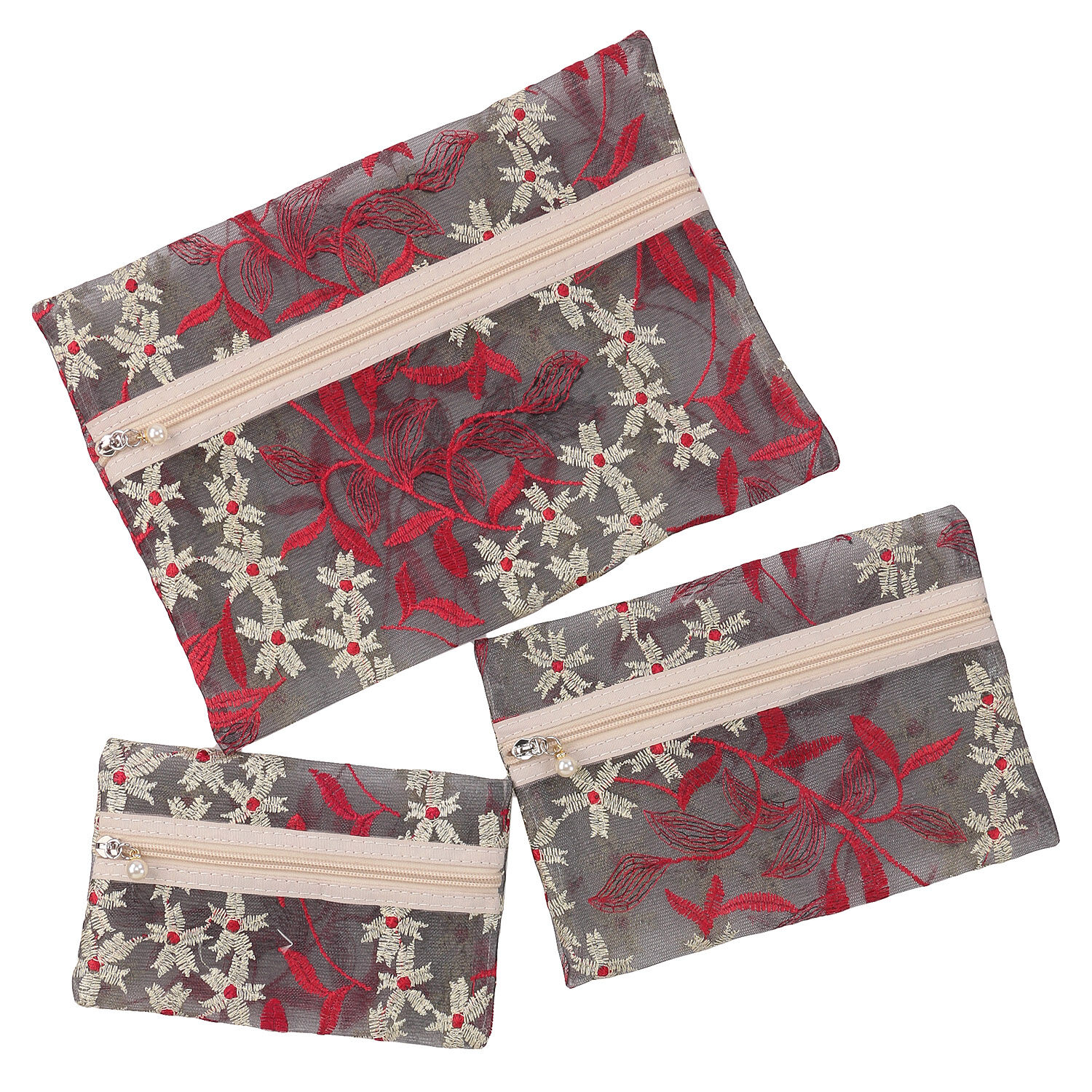 網布花朵刺繡收納包 3件組 珍珠拉鍊吊飾 5色｜フラワーリー3Pポーチ