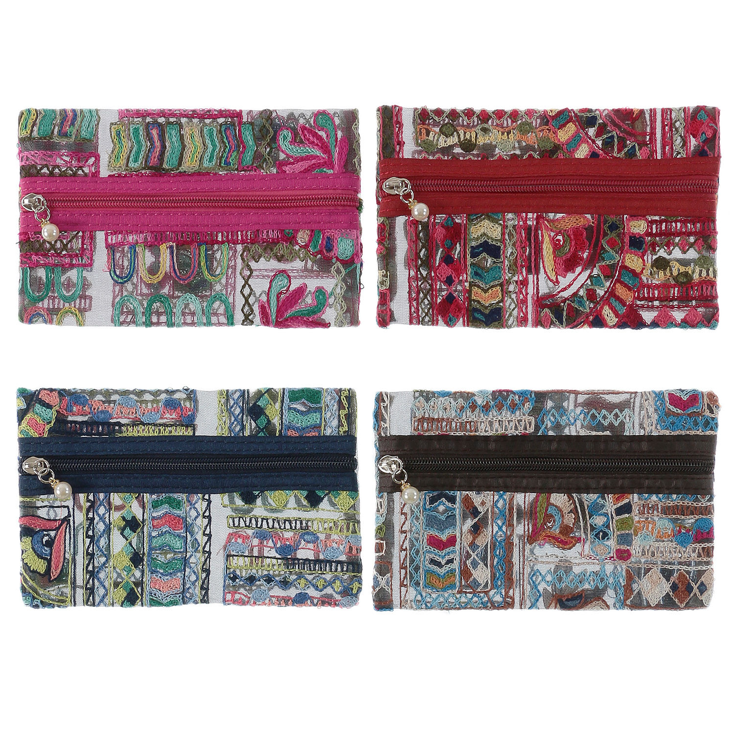網布幾何刺繡收納包 3件組 大中小 珍珠拉鍊吊飾 4色｜メッシュ3Pポーチ