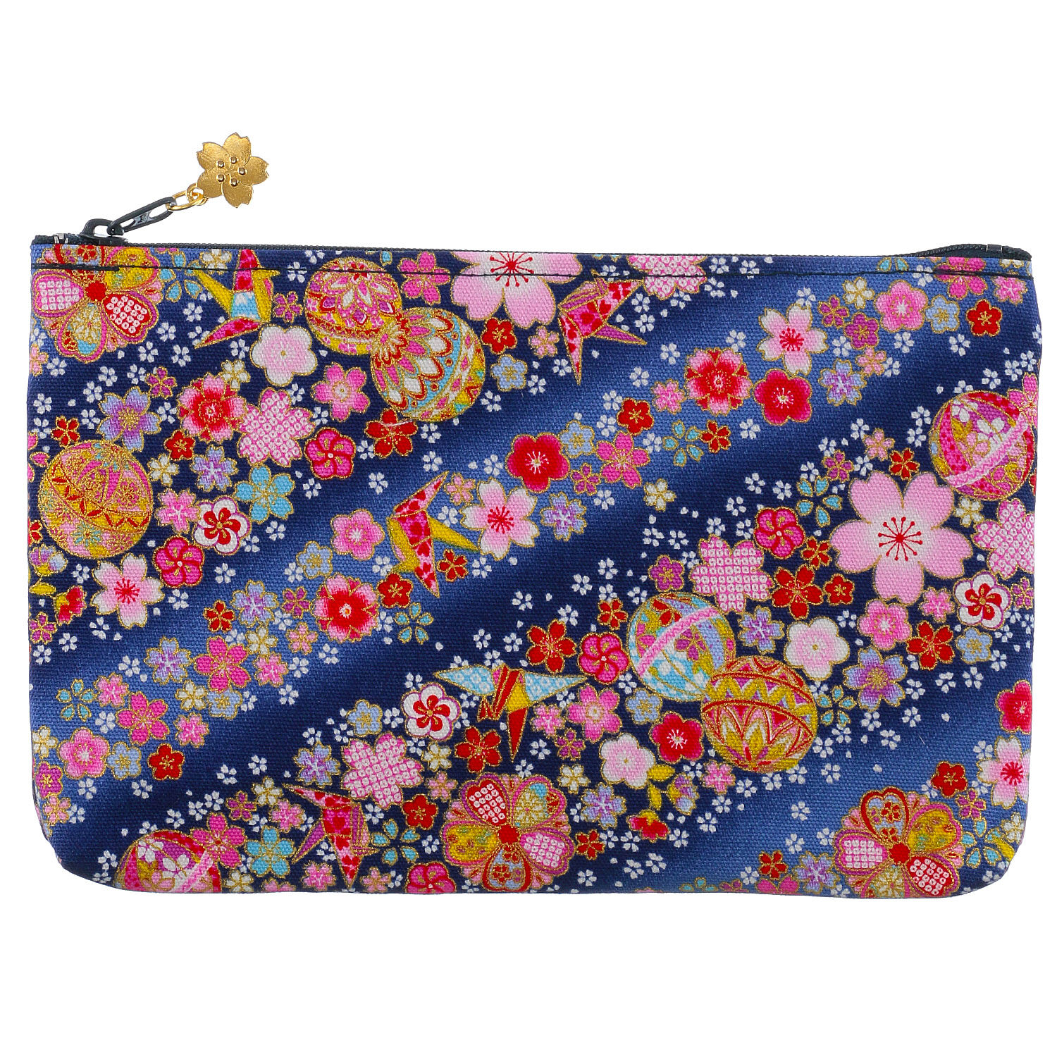 友禪花手鞠 和風扁收納包 櫻花拉鍊吊飾 12.5×20cm 3色｜友禅花てまり  角平ポーチ