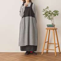 滿版花朵刺繡棉麻小格紋拼接抓褶連身圍裙 衣長116cm cloudnine｜チェック切替え刺繍ワンピースエプロン