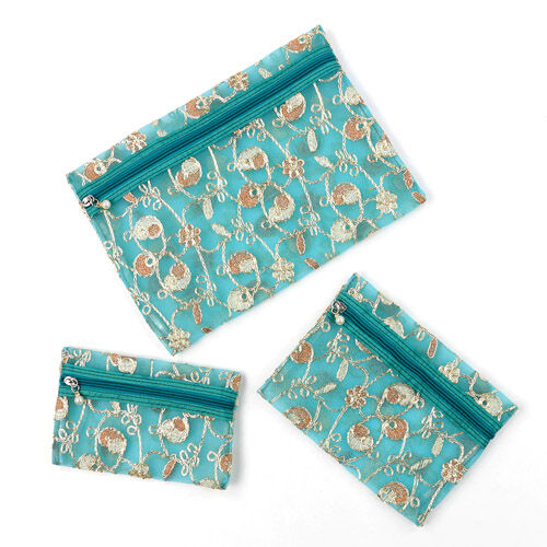 金色刺繡網紗收納包 3入組 大中小 珍珠拉鍊吊飾 5色｜メッシュ ゴールド刺繍 ポーチ 3点セット