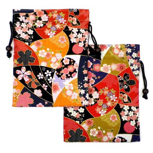 小櫻花小紋 和風扁束口袋 約19×24cm 棉100% 日本製｜花浪漫平巾着