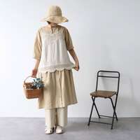 薄棉素色拼接蕾絲刺繡細肩帶背心 衣長61cm身寬102cm cloudnine｜60コットン布帛無地＋レースキャミ型ベスト