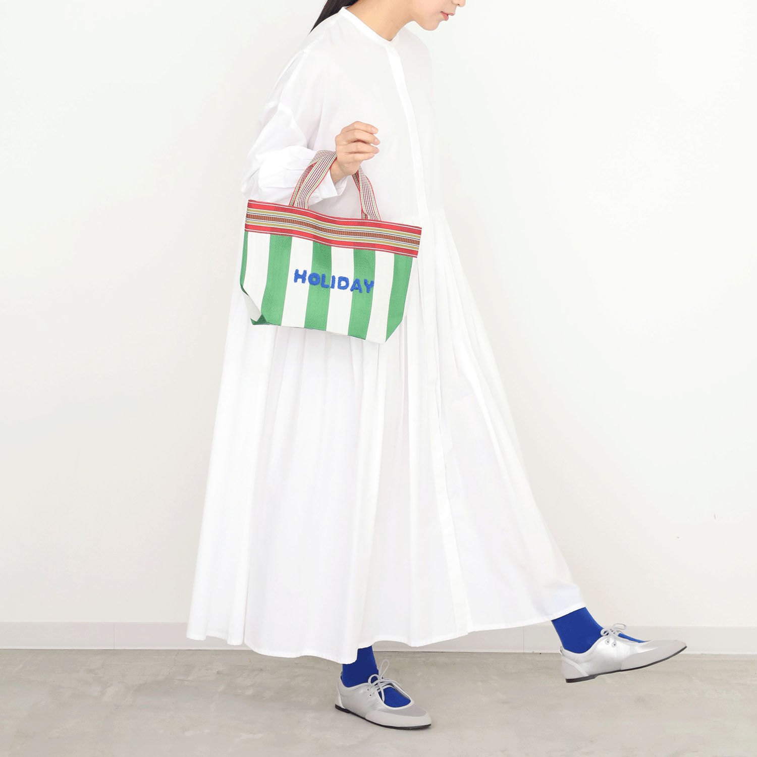 彩色條紋網眼托特包 HOLIDAY刺繡 磁扣 側寬12cm 3色｜ストライプメッシュトートバッグ