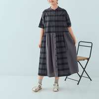 先染棉竹節格紋拼接色織前開襟長版洋裝 衣長117cm cloudnine｜先染綿スラブチェック柄×シャンブレー前開きワンピース