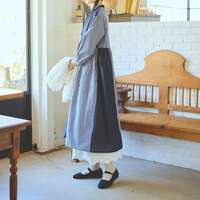 先染純棉水洗加工素色拼接格紋長版洋裝 衣長115cm cloudnine｜先染めコットン布帛 無地×チェック柄 切替コンビワンピース