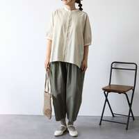 純棉水洗條紋拼素色連肩袖前開襟襯衫 衣長前63後68cm cloudnine｜コットン布帛ストライプ柄アソートラグラン袖 前あきブラウス