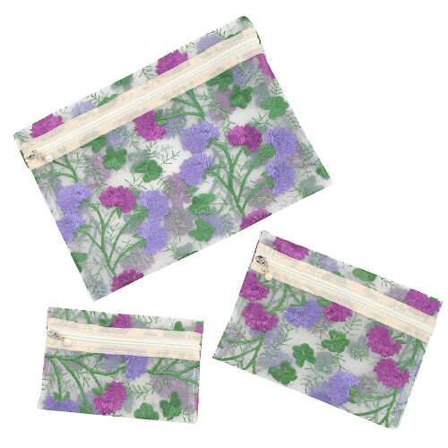 玫瑰刺繡網紗收納包 3入組 大中小 32×23cm 5色｜メッシュ3点ポーチ バラ刺繍柄