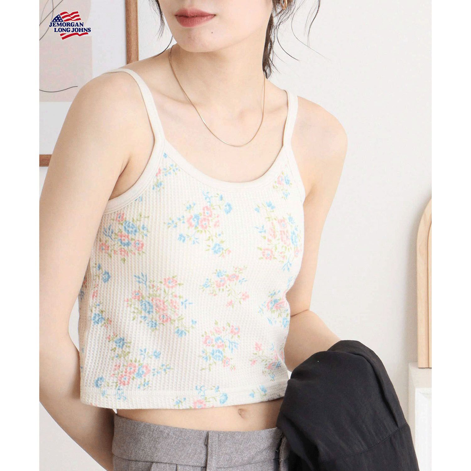 JEMORGAN 花卉印花附杯墊短版吊帶衫 華夫格素材 FREE SIZE