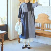 先染純棉水洗加工素色拼接格紋長版洋裝 衣長115cm cloudnine｜先染めコットン布帛 無地×チェック柄 切替コンビワンピース