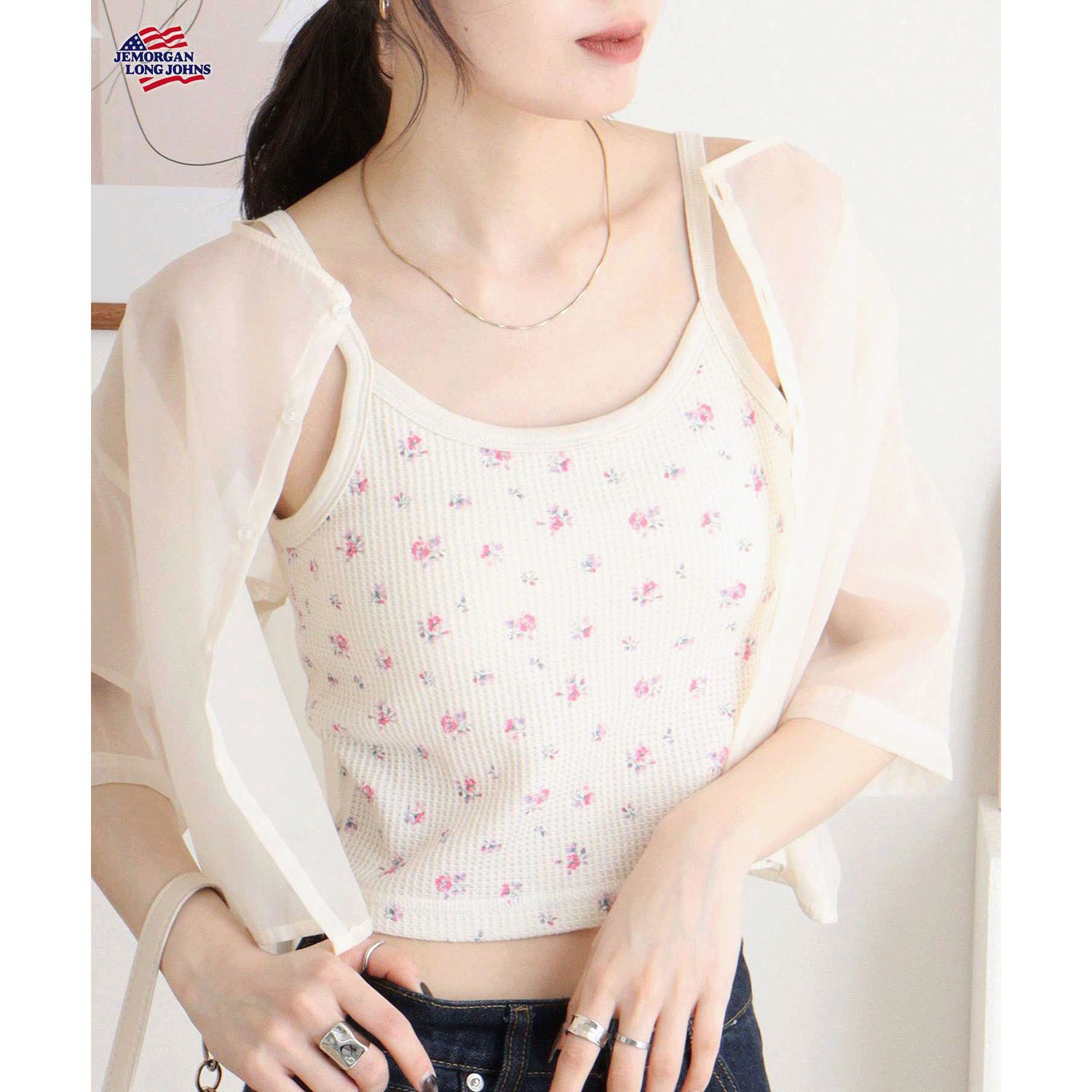 JEMORGAN 花卉印花附杯墊短版吊帶衫 華夫格素材 FREE SIZE