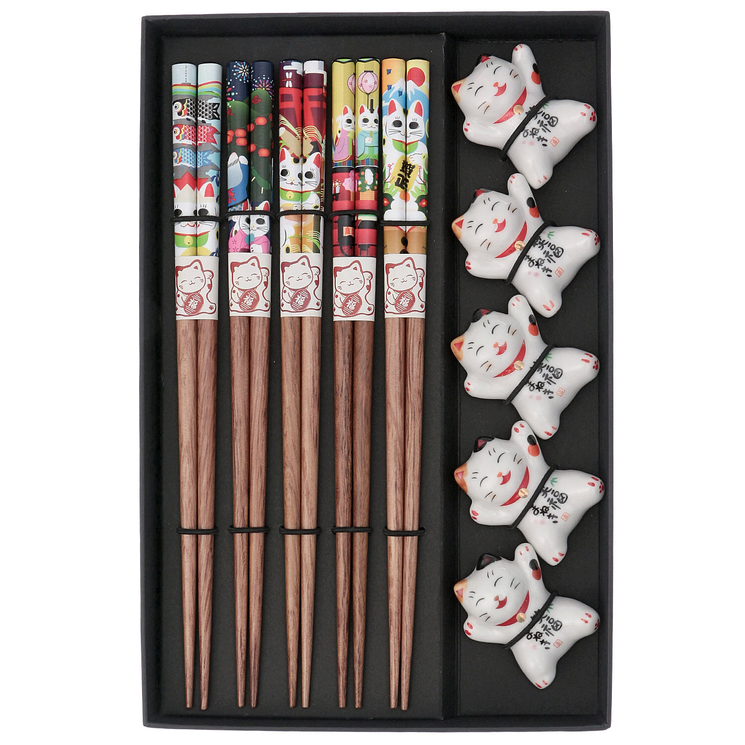 招財貓筷子筷架組 筷子5雙＋筷架5個 待客伴手禮 天然木×陶器｜箸＆箸置き揃・招き猫