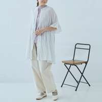 純棉紗布條紋皺褶加工前開襟五分袖長版上衣 衣長66cm cloudnine｜綿ガーゼ ストライプクリンクル加工前開き5分袖チュニック