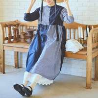 先染純棉水洗加工素色拼接格紋長版洋裝 衣長115cm cloudnine｜先染めコットン布帛 無地×チェック柄 切替コンビワンピース