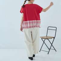 純棉平針拼接格紋條紋蝙蝠袖短袖上衣 胸圍138cm cloudnine｜コットンSZ天竺×布帛柄アソートドルマン半袖カットソー