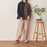 先染棉麻不對稱格紋拼素色立領前開襯衫 胸圍120cm cloudnine｜先染め綿麻チェック×無地スタンドカラー前開きブラウス