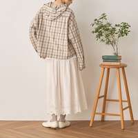 純棉格紋連帽短版前開襯衫 前後不對稱下擺 胸圍132cm cloudnine｜コットンチェック柄アソートフード付きブラウス