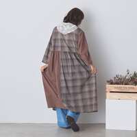 先染純棉水洗加工素色拼接格紋長版洋裝 衣長115cm cloudnine｜先染めコットン布帛 無地×チェック柄 切替コンビワンピース