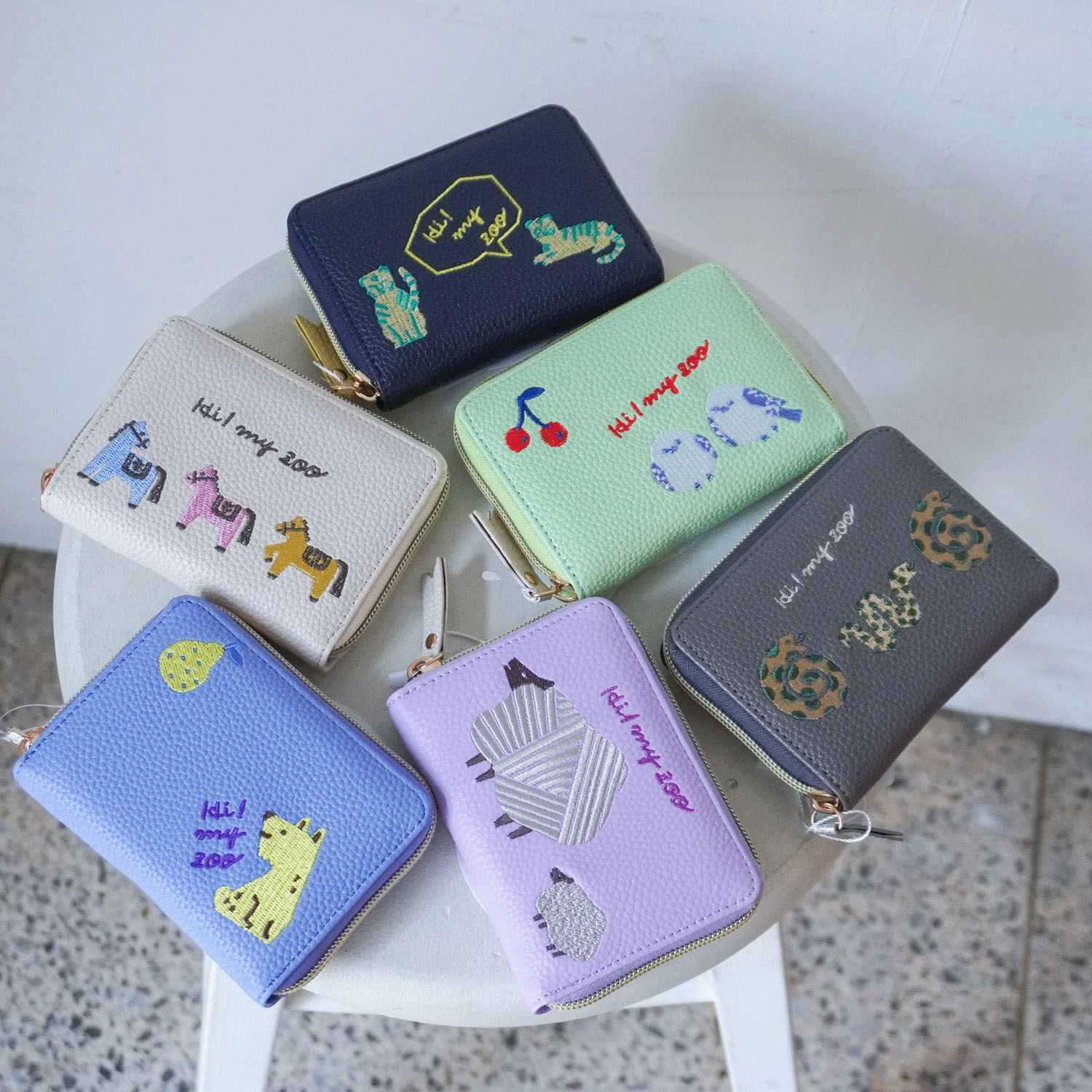 動物刺繡 環繞拉鍊迷你夾 6卡位 6款【HI！MY ZOO】｜HI！MY ZOO ラウンドファスナーミニ財布