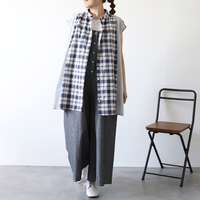 先染純棉格紋條紋拼接前開襟法式袖長版上衣 衣長80cm cloudnine｜先染コットン布帛コンビ柄アソート前開きチュニック