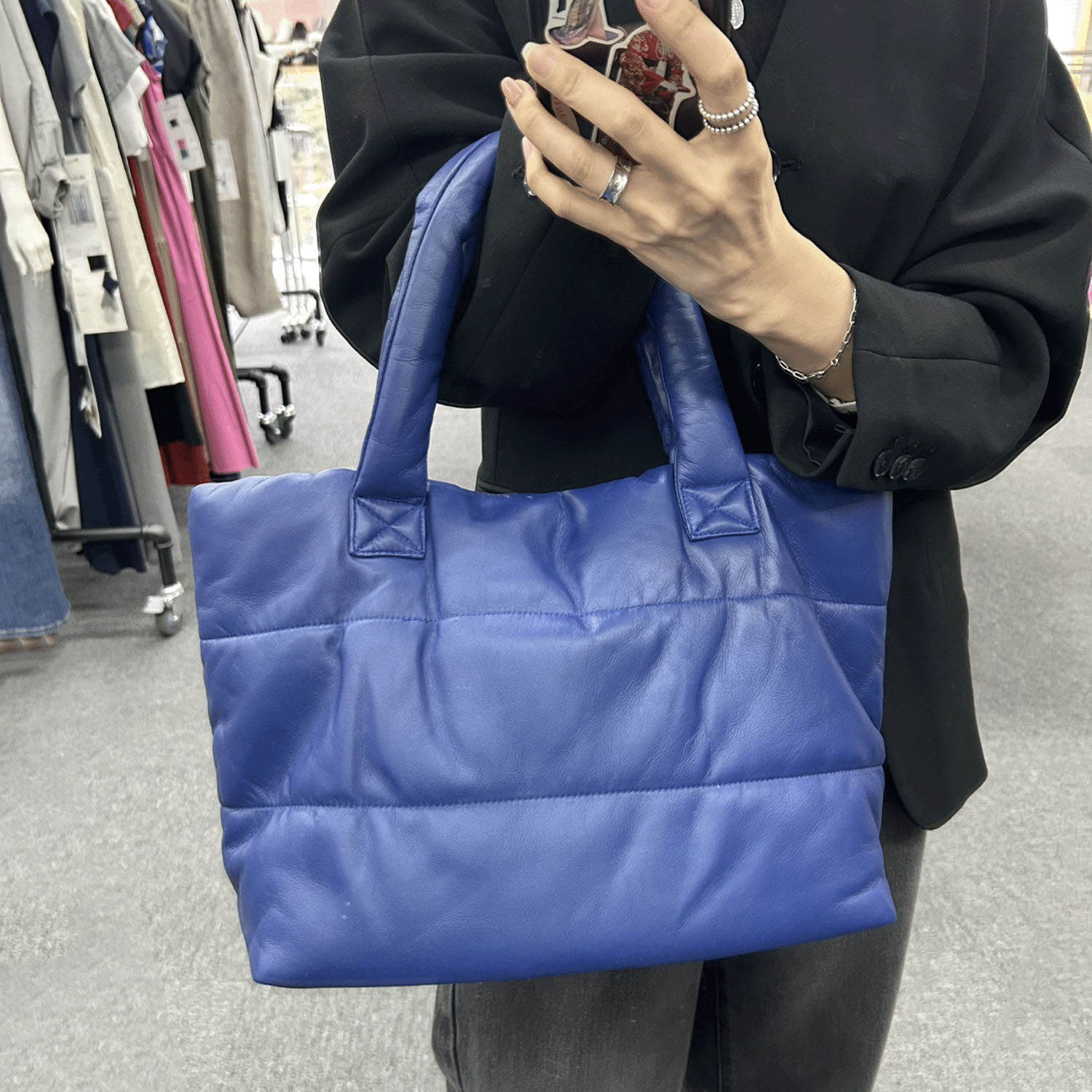 小羊皮絎縫手提包 蓬鬆格紋 45×25cm 26AW 4色｜ラムレザーキルティングバッグ