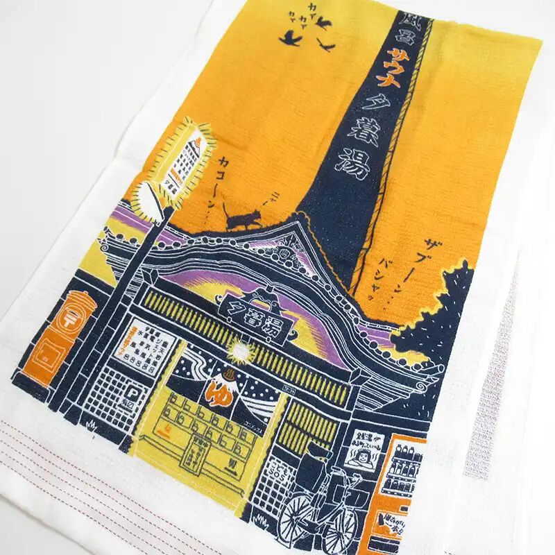 薄輕長 紗布手拭毛巾 錢湯城鎮圖案 33×100cm