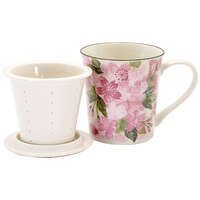 美濃燒附濾茶器蓋杯 櫻花款 300cc 一人份泡茶馬克杯｜花あわせ 蓋つきマグカップ（茶漉し付） サクラ