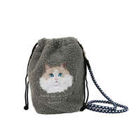 動物刺繡刷毛束口斜背包 23×22×13cm 六款犬貓可選｜ボアアニマル刺繍巾着ショルダーバッグ