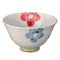 粉引梅花紋 陶器飯碗・湯杯 波佐見燒 藍紅對組 日本製｜粉引梅飯碗湯呑
