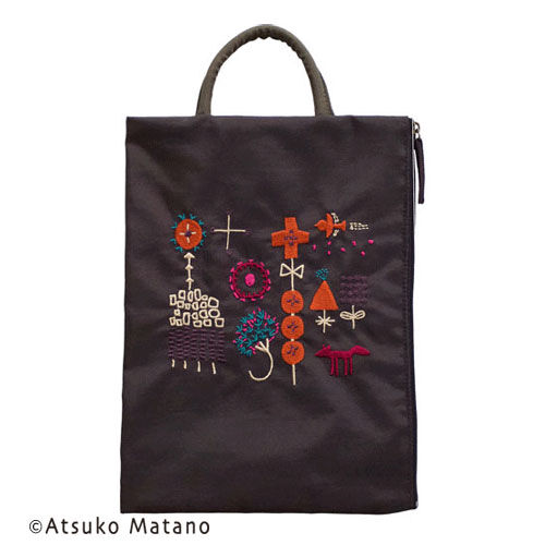 小森林刺繡 直式扁收納包 拉鍊 棕色【ATSUKO MATANO】|ATSUKO MATANO 刺繍フラットポーチ小さな森(ブラウン)