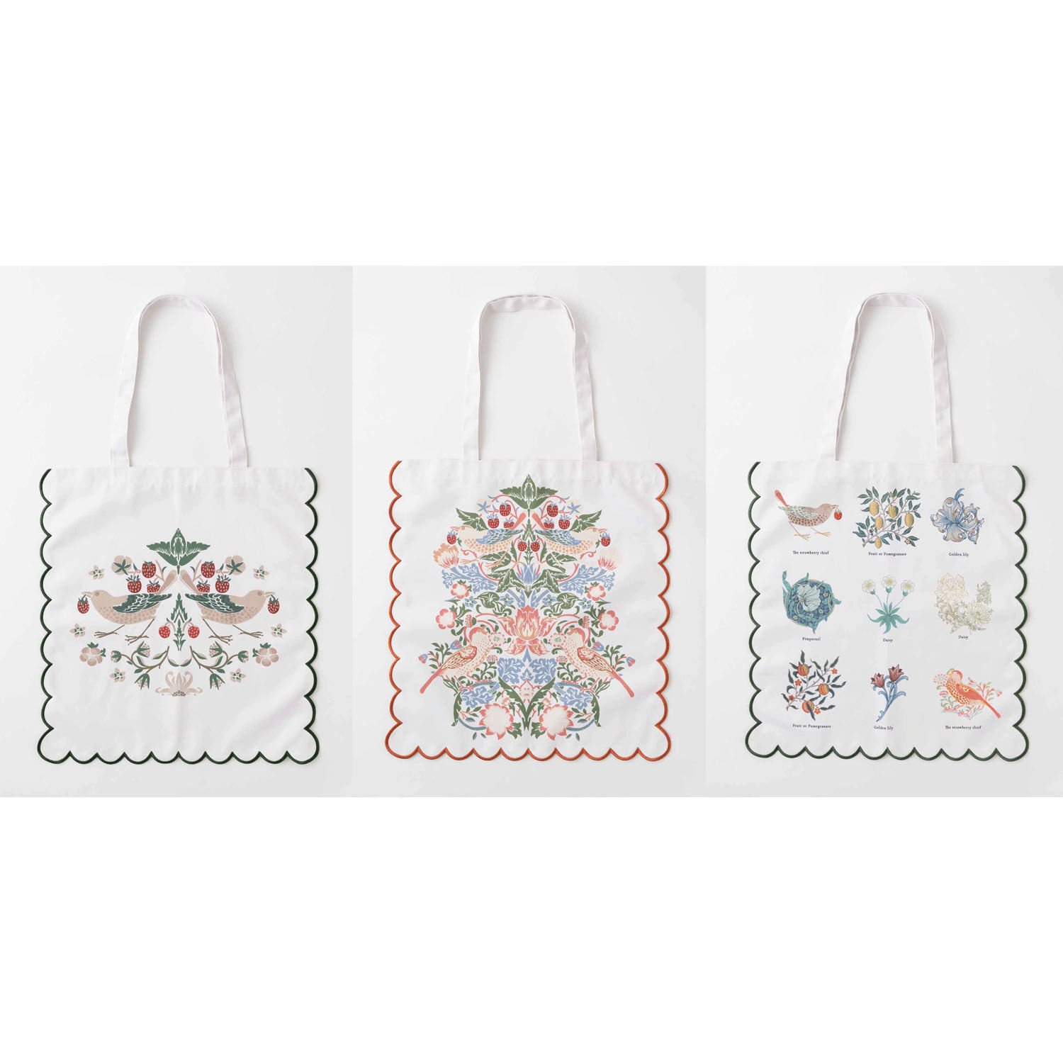 威廉・莫里斯 扇貝邊大托特包 47×49cm 3款|ウィリアム・モリス柄 スカラップトートバッグ 苺鳥