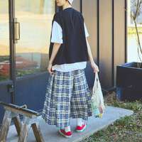 提花格紋點點印花打褶喇叭褲 九分褲長腰圍64〜77cm cloudnine｜ジャガードチェック×ドットpt9分丈 タック入りフレアパンツ