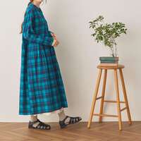 秋色純棉多臂織格紋腰間抽褶前開襯衫洋裝 衣長120cm cloudnine｜コットンドビーチェック柄 前開きワンピース