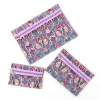 金色刺繡網紗收納包 3入組 大中小 珍珠拉鍊吊飾 5色｜メッシュ ゴールド刺繍 ポーチ 3点セット