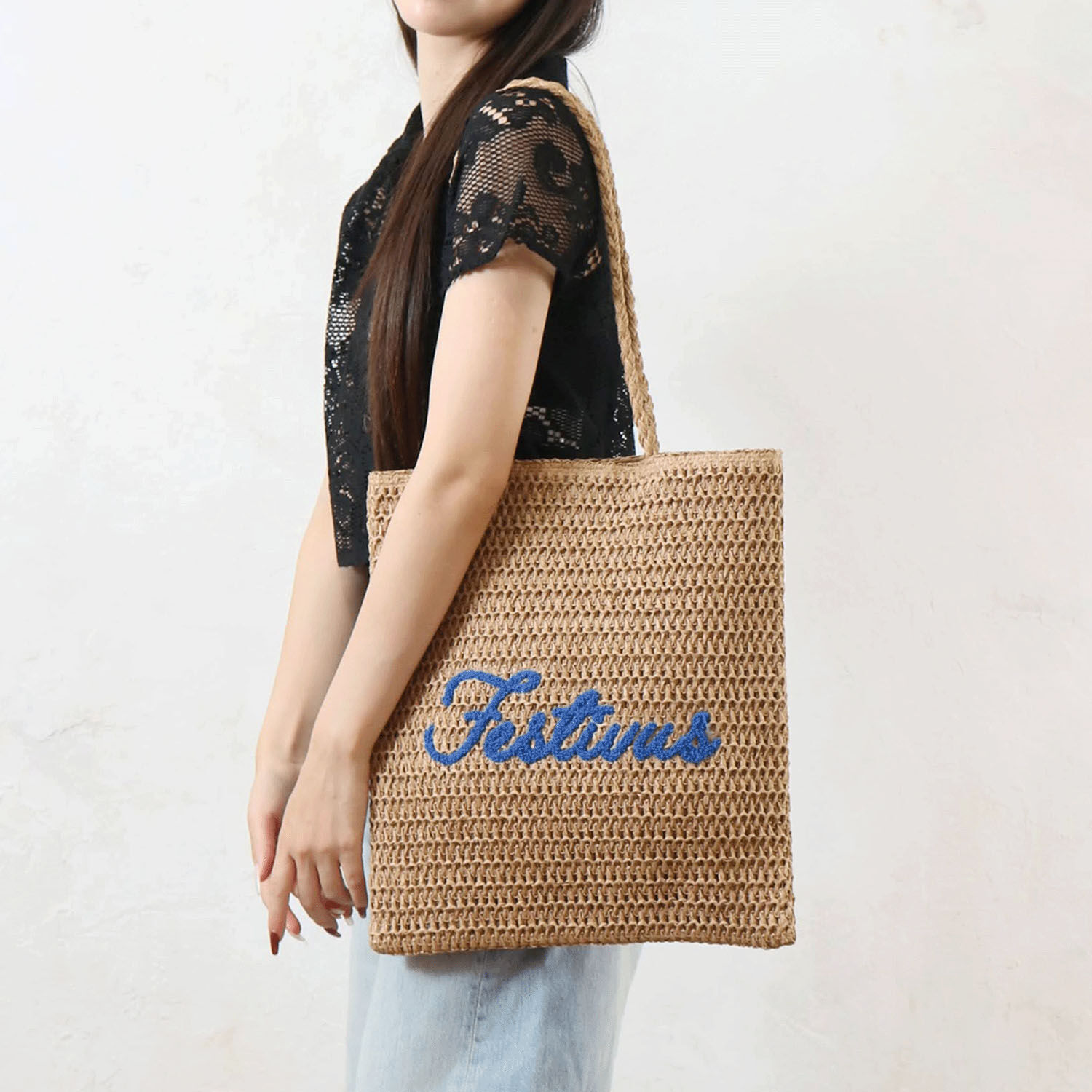 天鵝絨刺繡混合材料扁平托特包｜日系包款・日本直送